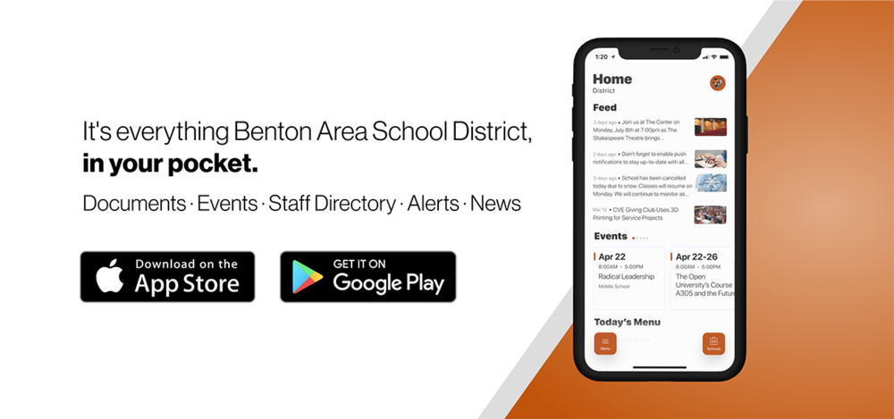 Ad banner for Benton Area School District's new mobile app.