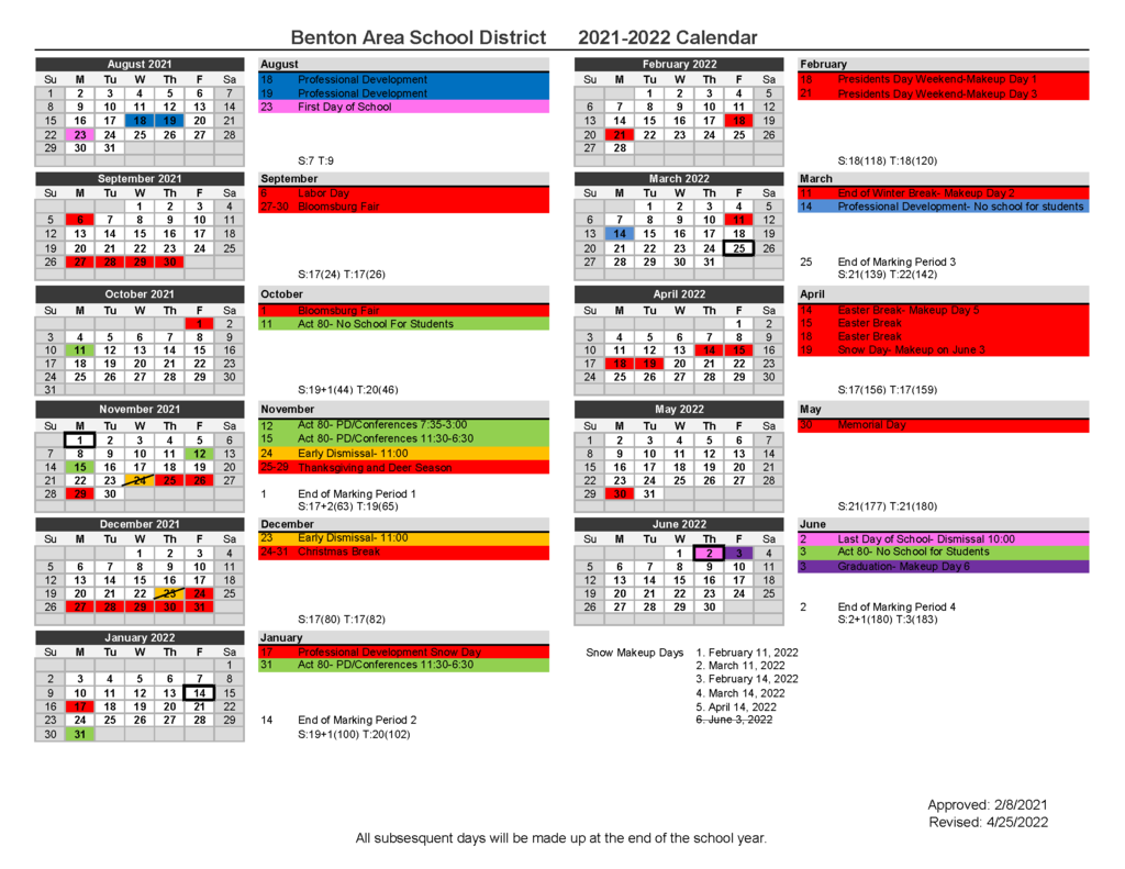 2021-2022 School Calendar Updated 4-25-2022
