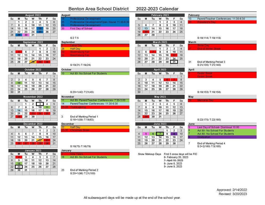 2022-2023 School Calendar Revised 3/20/2023