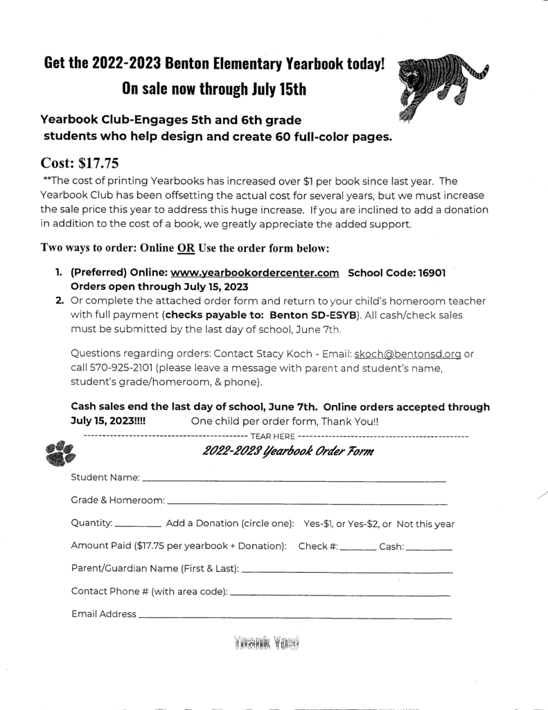 Elementary Yearbook Order Form
